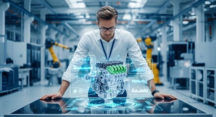 Engineer Examining 3D Hologram of Engine in Futuristic Factory | Innovative Technology for Automotive Engineering, Research and Development Visualization