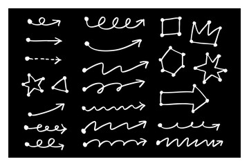 黒背景に白線の手描き矢印と図形セット — コントラスト映えるシンプル線画イラスト