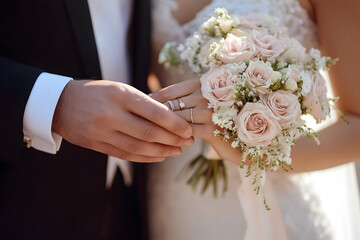 Newlyweds holding hands displaying wedding rings and a bouquet of pink roses during an outdoor ceremony, symbolizing love and commitment.