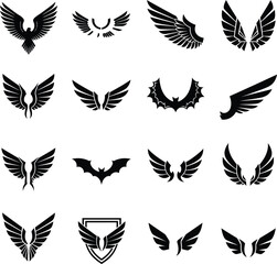 Set of wings illustration with feathers and flying bird elements