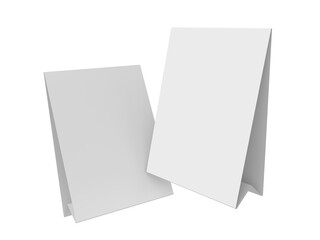 3D realistic mockup of a blank table sign tent card A4 format, isolated on white. Minimal display Ideal for menu, restaurant, cafe, event, promotion, branding, ads, and marketing design presentations