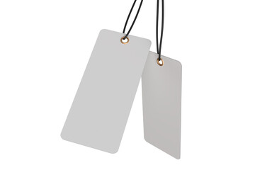 3D mockup of blank rectangle hanging tags with strings, metal eyelets, isolated on background. Perfect for branding, label design, packaging, fashion, retail, shipping label, wedding tag, gift tag