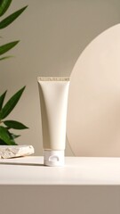 A sleek white ceramic vase stands elegantly, filled with vibrant green leaves, set against a softly blurred background of lush greenery.