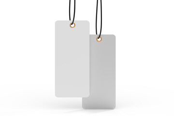 3D mockup of blank rectangle hanging tags with strings, metal eyelets, isolated on background. Perfect for branding, label design, packaging, fashion, retail, shipping label, wedding tag, gift tag