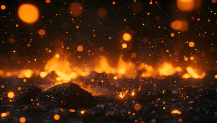 Naklejka premium Burning embers glow intensely on dark ground creating a mesmerizing spectacle of light and heat, evoking a sense of danger and raw power.