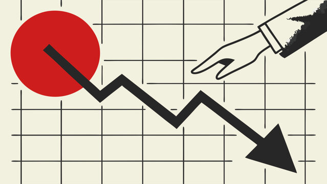 Abstract illustration of downward trend financial crisis economic decline business graph hand pointing at decreasing chart red circle black arrow chart grid business concept investment loss market cr.
