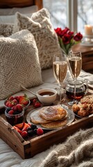 Naklejka premium Cozy breakfast in bed, featuring pancakes, fruit, and champagne