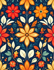 Vibrant Symmetrical Folk Art Floral with Red and Orange Blooms on a Deep Navy Background.