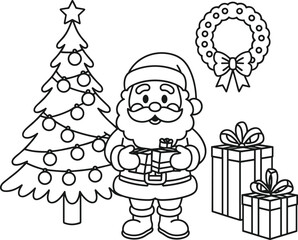 Black and white illustration of Santa Claus with Christmas tree and gifts presents