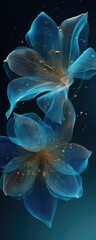 Two ethereal, translucent blue flowers with golden details,  in a dark background