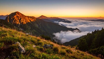 Sunrise over misty mountain peaks, golden light illuminating the landscape