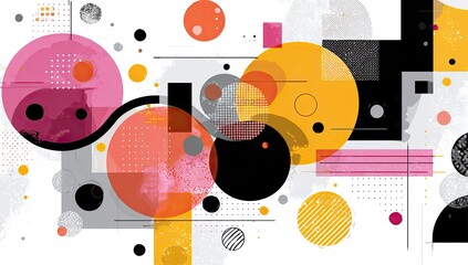 Obraz premium Abstract shapes, circles, and squares in vibrant colors, dotted patterns on a white background