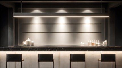 Fototapeta premium blurred image of a minimalist cocktail bar softly glowing with linear recessed ceiling lights, ivory and black palette