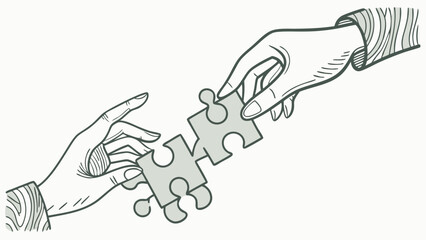 Obraz premium Two Hands Connecting Jigsaw Puzzle Pieces Teamwork Collaboration and Solution Concept Illustration.