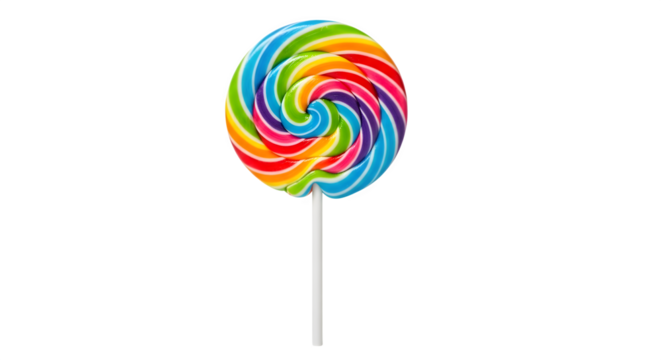 Colorful rainbow lollipop isolated on transparent background, a sweet and sugary treat with a spiral design, perfect for parties and celebrations