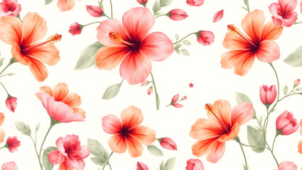 Seamless pattern of watercolor hibiscus flowers with leaves and buds on a white background design
