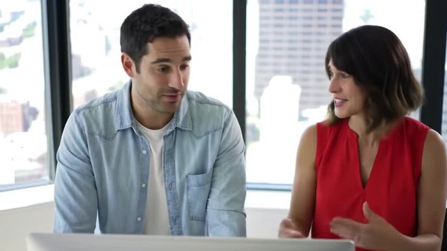 Business People Discussing Data on Computer Screen in Modern Office Space