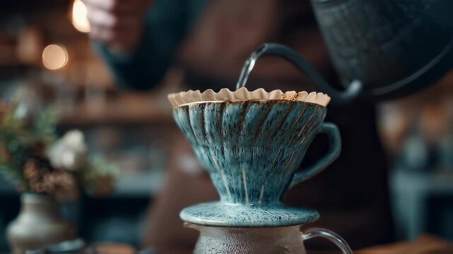Medium frame of a coffee enthusiasts hands holding a ceramic dripper midpour with a softly blurred kitchen background emphasizing the handcrafted brewing technique.