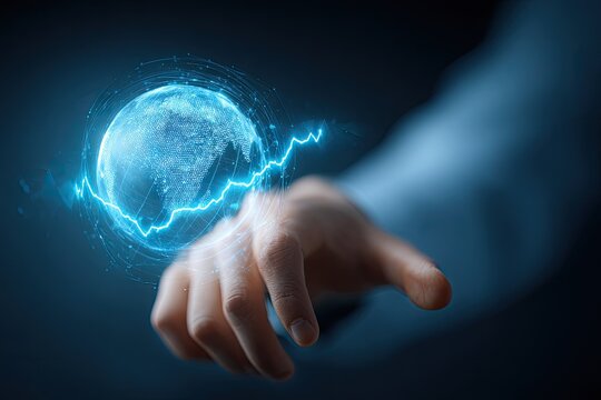A hand interacts with a digital representation of the earth, displaying a downward trend graph, showcasing futuristic technology and global data visualization. - Powered by Adobe
