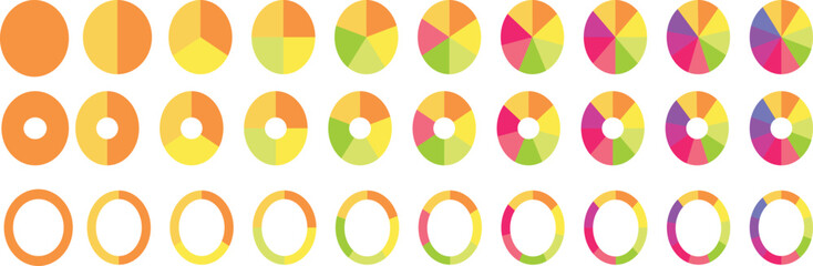 Obraz premium Pie chart set, segmented circle icons, circle diagram. Pie chart divided 1,2,3,4,5,6 equal parts. 