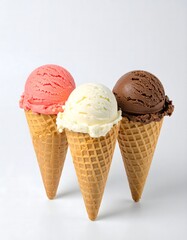 A classic assortment of ice cream cones featuring vanilla, chocolate, and strawberry scoops, perfect for a refreshing summer dessert