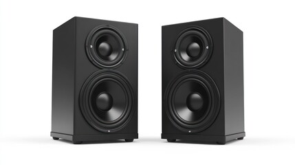 A pair of sleek, black studio monitor speakers sit on a white background, showcasing their design and audio capabilities.