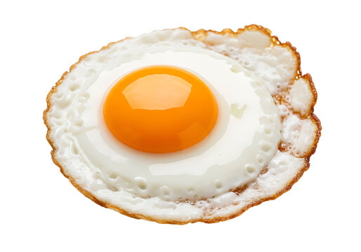 A single fried egg, sunny side up, with crispy edges. A perfectly fried sunny-side-up egg with a bright orange yolk and crispy white edges, isolated on a transparent background