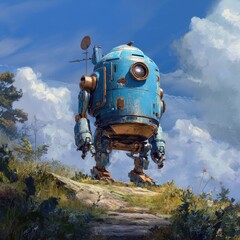 Rusty blue robot stands on a hilltop