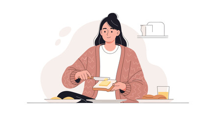 Fototapeta premium Woman Spreads Butter On Toast, Enjoying Simple Pleasures During Breakfast Time