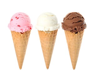 Delicious Trio Strawberry, Vanilla, and Chocolate Ice Cream Cones on White Background