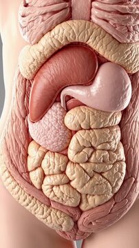 Accurate anatomical representation of abdominal organs, featuring the liver, stomach, pancreas, gallbladder, and intestines, offering insights into the human digestive system