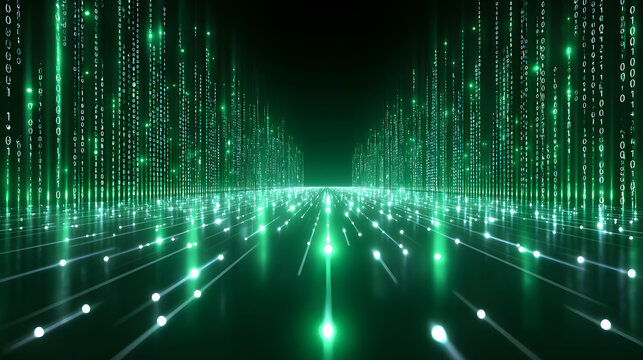 Digital landscape with glowing green binary code creates futuristic and immersive atmosphere, evoking sense of technology and innovation