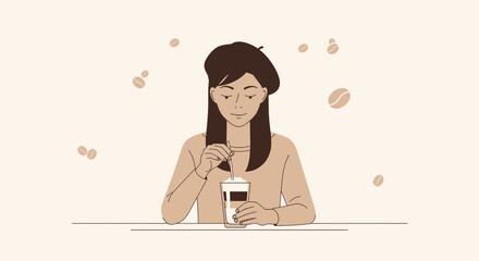 Smiling Young Woman Savoring Iced Coffee: A Moment of Refreshment and Calm