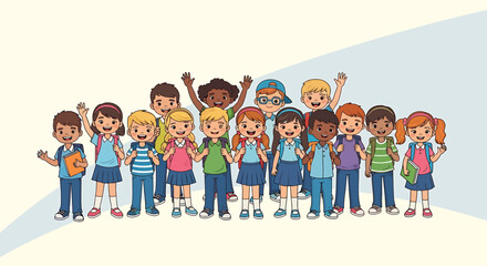 Fototapeta premium Diverse Group of Happy Cartoon Children, Smiling and Waving.