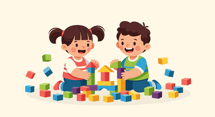 Happy Boy and Girl Playing with Colorful Building Blocks.