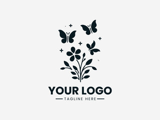 Black and white butterfly illustration with floral decoration and detailed artistic leaves