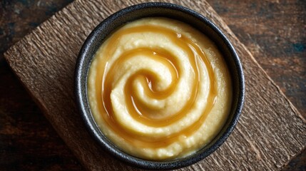 Fototapeta premium Creamy, swirled, light yellow food in dark bowl on wooden board