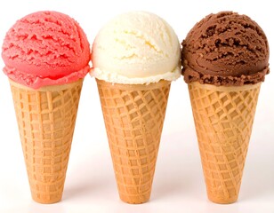 A classic trio of strawberry, vanilla, and chocolate ice cream scoops presented in crisp waffle cones, representing a perfect summer dessert concept