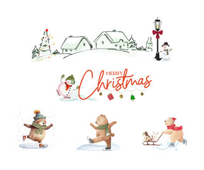 Merry Christmas Clipart  Christmas Village Decor PNG Winter Animals on Snowboard  Holiday Sublimation & Sticker Bundle