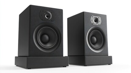 Obraz premium Two black speakers, front view, placed on matching black stands, isolated.