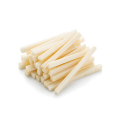 A neat pile of freshly cut, raw white vegetable sticks isolated on a plain white background.