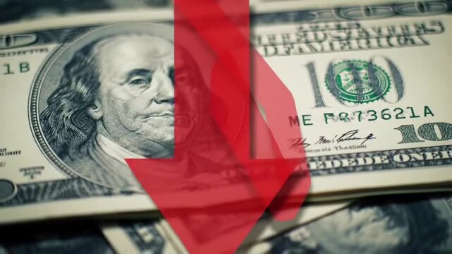 Macro Shot of Stacked Hundred Dollar Bills with Red Arrows Pointing Downward