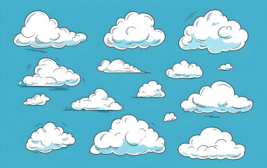 Cartoon clouds floating peacefully in a bright blue sky creating a whimsical atmosphere with fluffy shapes and soft edges, suggesting a calm and serene day.