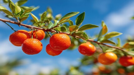 Obraz premium Fresh mandarins on branch against a vibrant blue sky