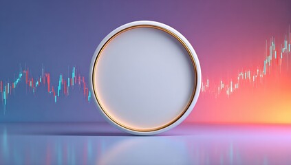 Blank white circle podium on gradient background with stock market data