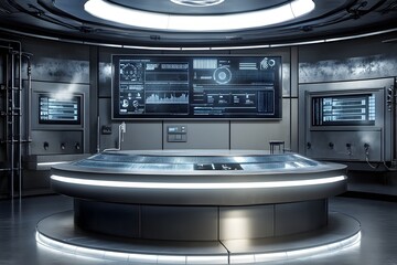 Obraz premium A sleek modern podium in a high tech laboratory made of smooth aluminum with digital displays embedded on each tier 