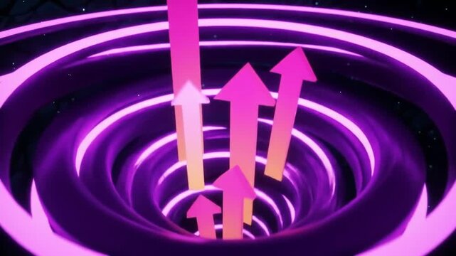 Neon Tunnel with Upward Arrows in Purple and Gold on Abstract Background