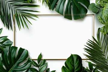Gold frame bordered by vibrant tropical leaves on white background