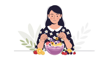 Woman Preparing a Delightful And Colorful Fresh Fruit Bowl With Edible Flowers