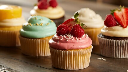 Colorful cupcakes with frosting and fresh berries ideal for dessert parties and bakery shop menus sweet and delightful treats on a wooden surface